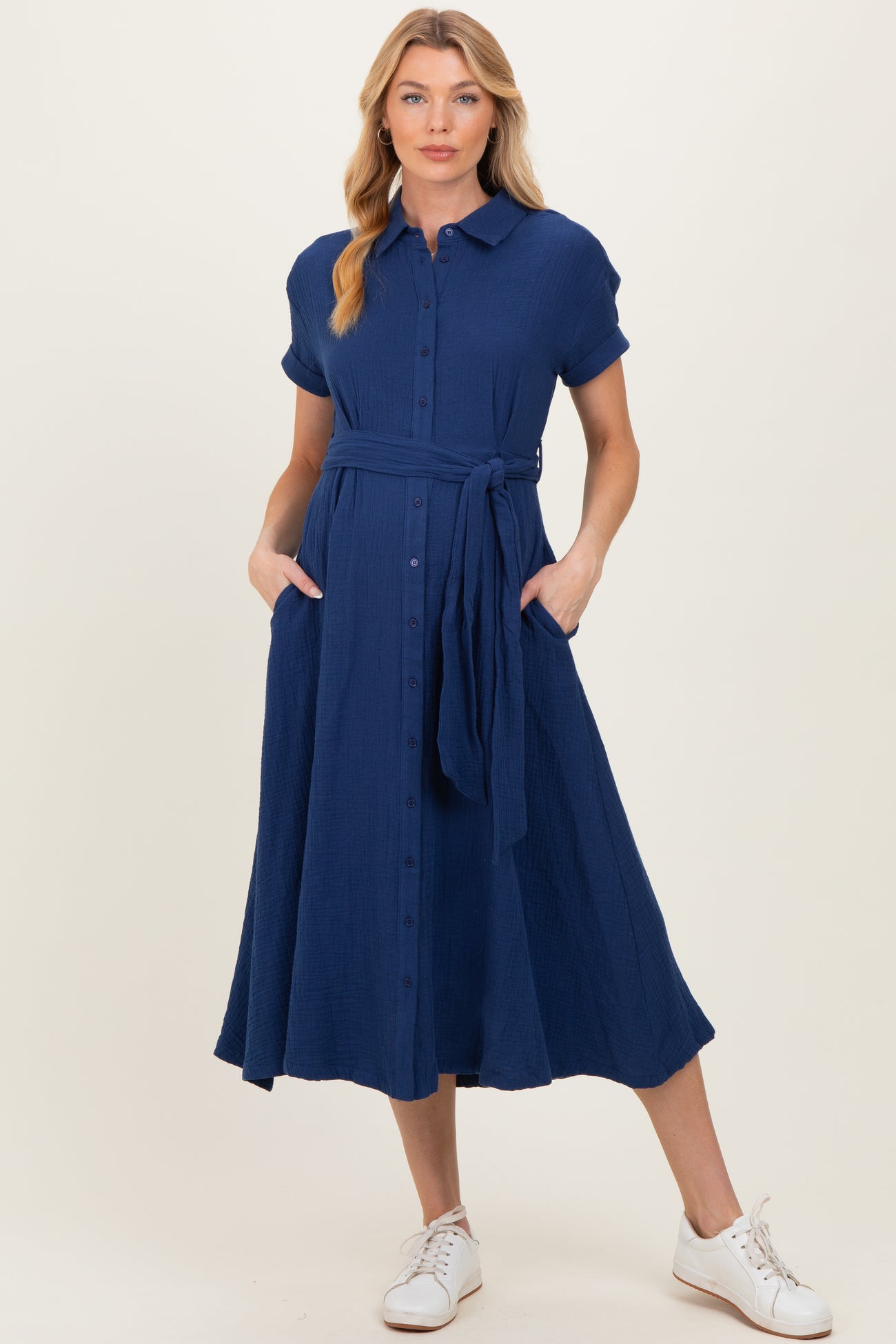 Navy Belted Maxi Maternity Shirt Dress