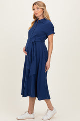 Navy Belted Maxi Maternity Shirt Dress