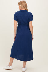 Navy Belted Maxi Maternity Shirt Dress