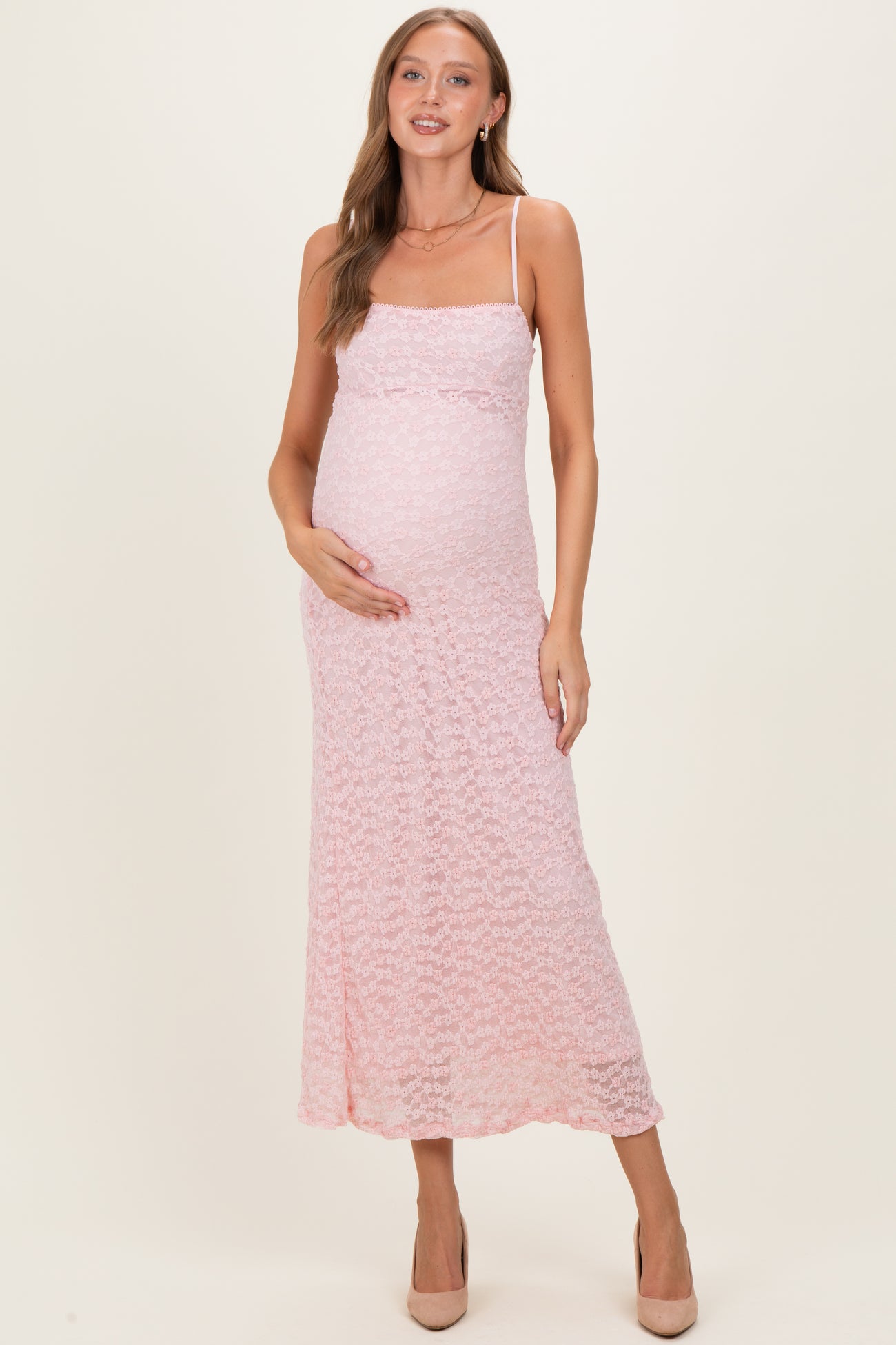 Light Pink Floral Lace Cutout Maternity Maxi Dress