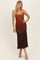 woman wearing a brown ombre midi dress with spaghetti straps and a fitted silhouette