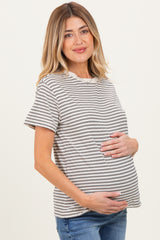 Beige/Black Short Sleeve Round Neck Stripe Maternity Tee