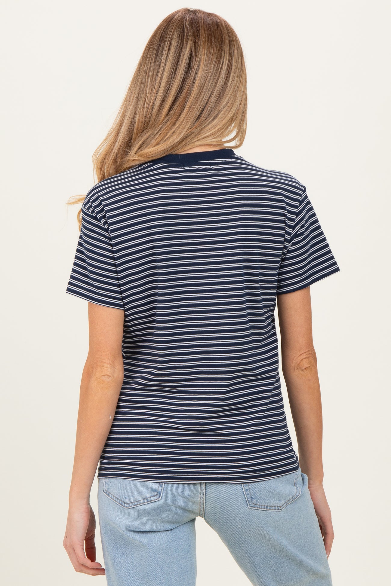 Navy/White Short Sleeve Round Neck Stripe Maternity Tee