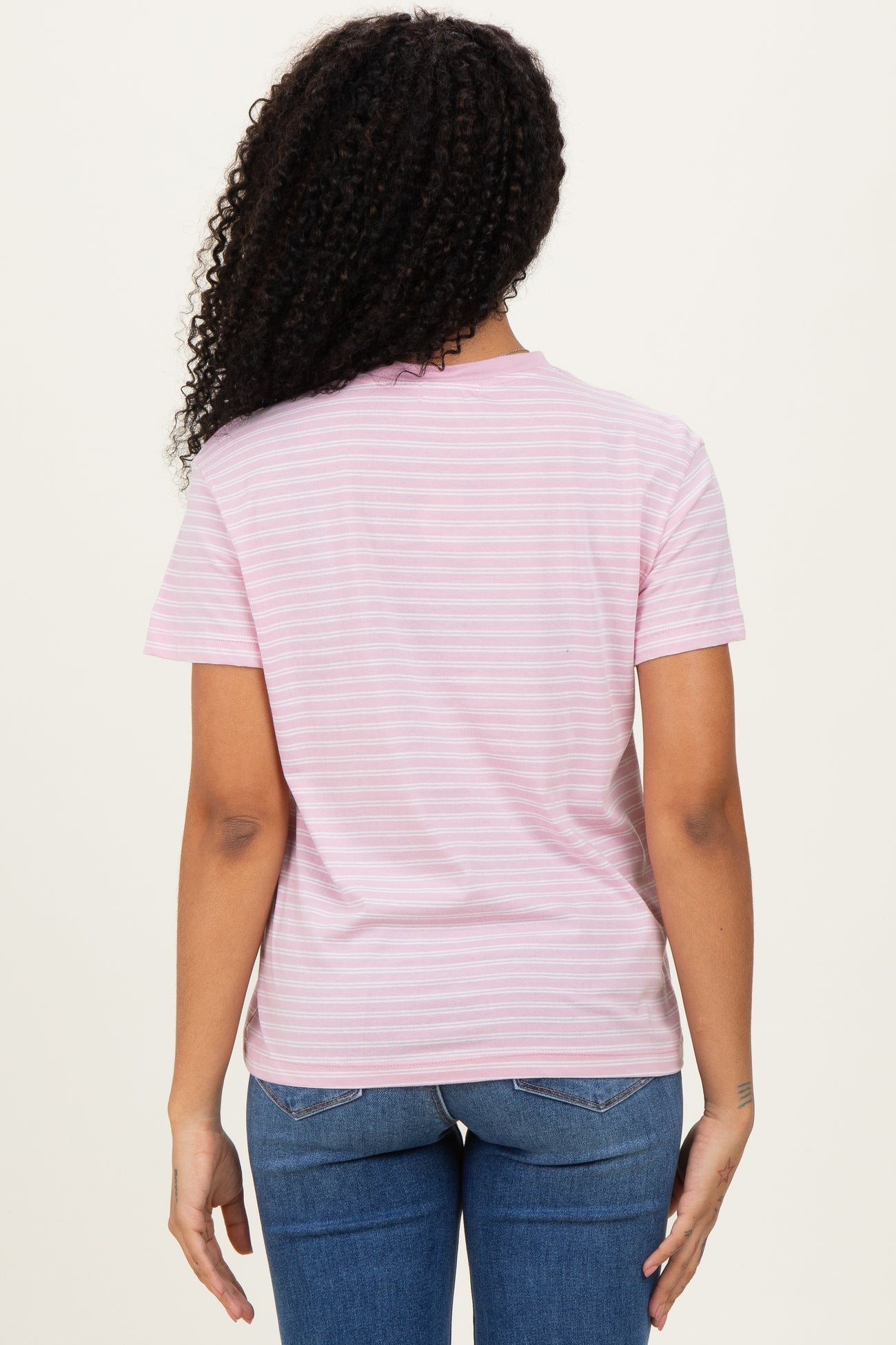 Pink/White Short Sleeve Round Neck Stripe Tee