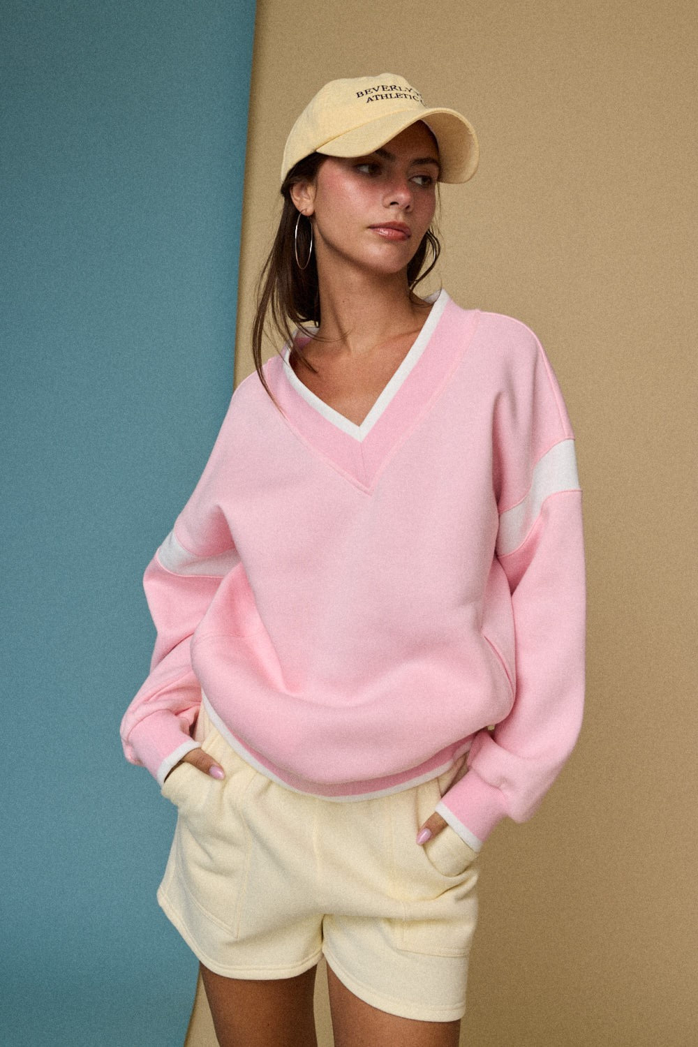 Pink Contrast Sleeve V-Neck Maternity Sweatshirt
