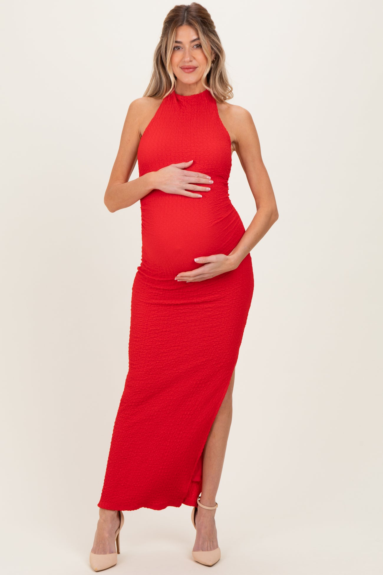 Red Halter Neck Open Back Maternity Maxi Dress
