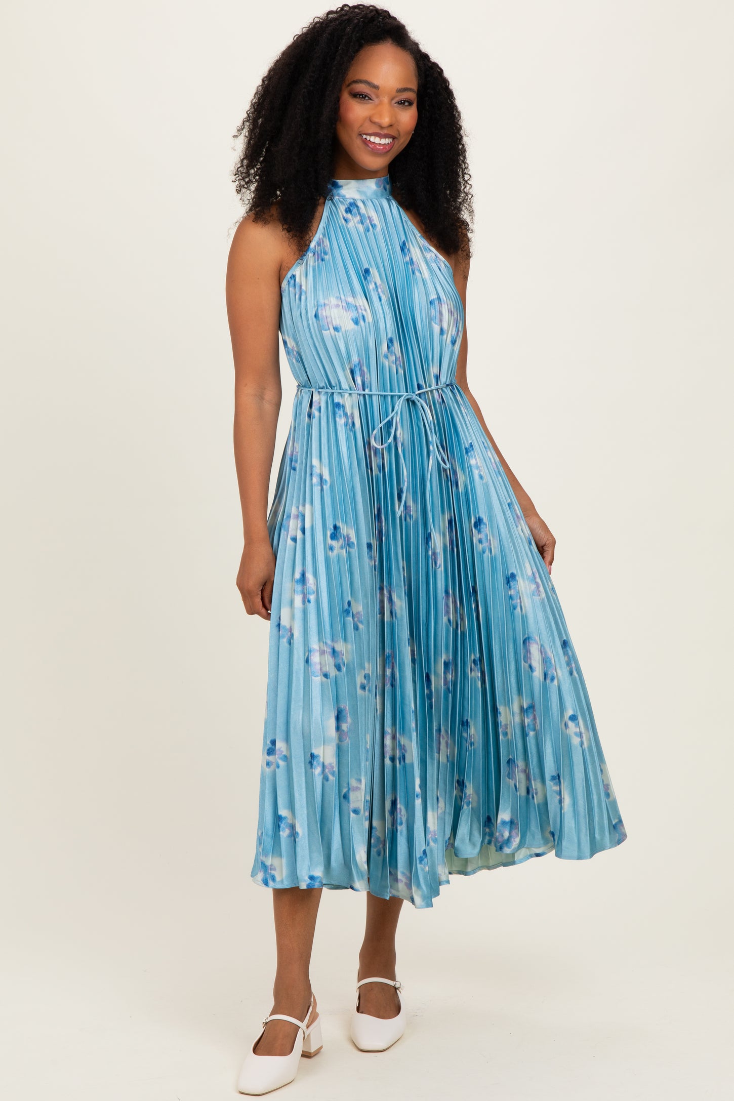 Light Blue Floral Pleated Halter Maternity Midi Dress