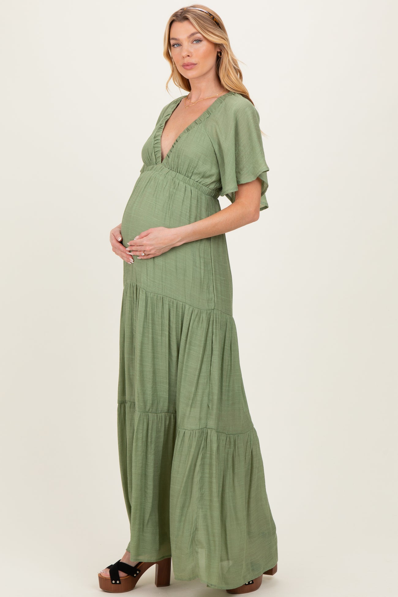 Light Olive Flutter Sleeve Maternity Maxi Dress