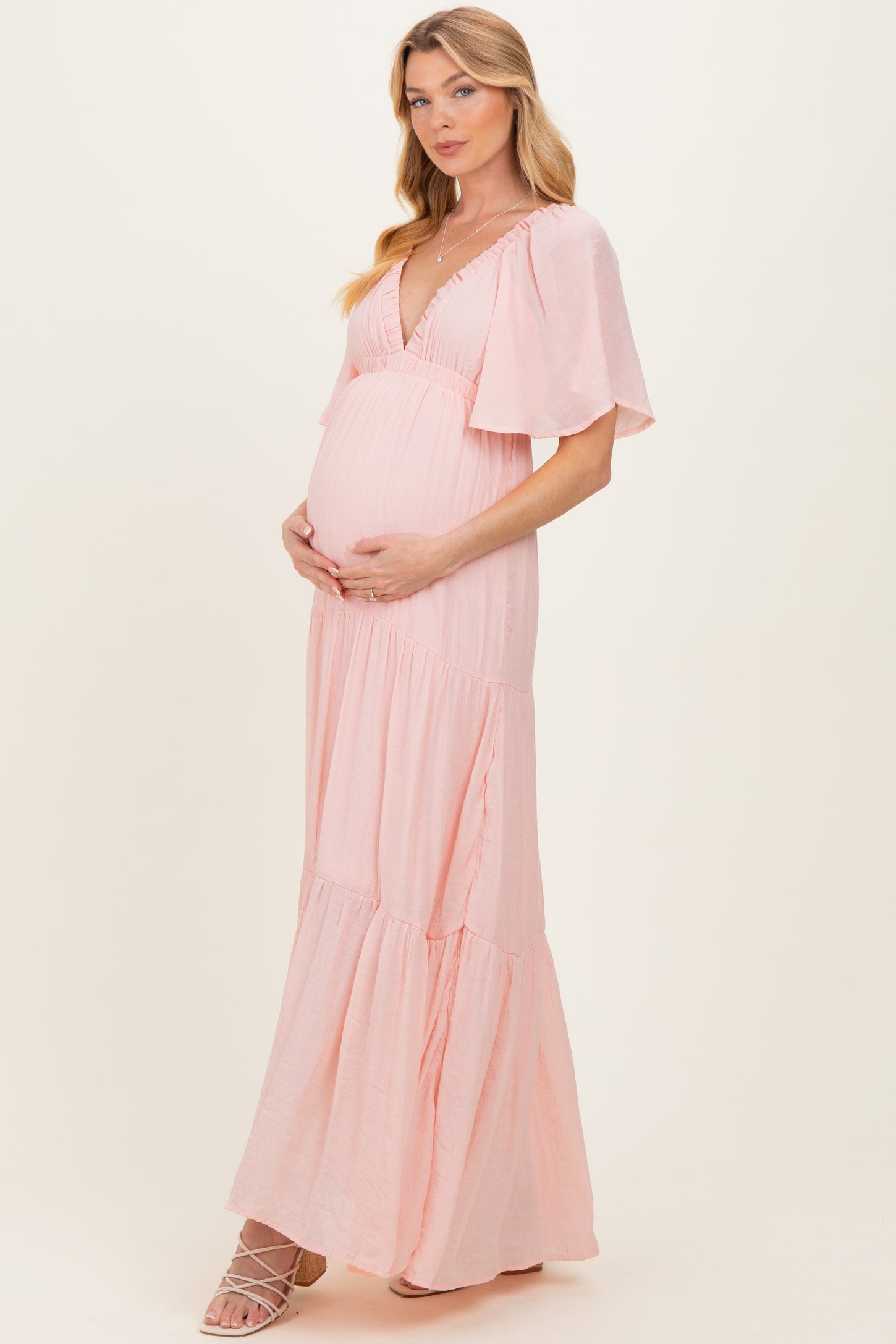Light Pink Flutter Sleeve Maternity Maxi Dress
