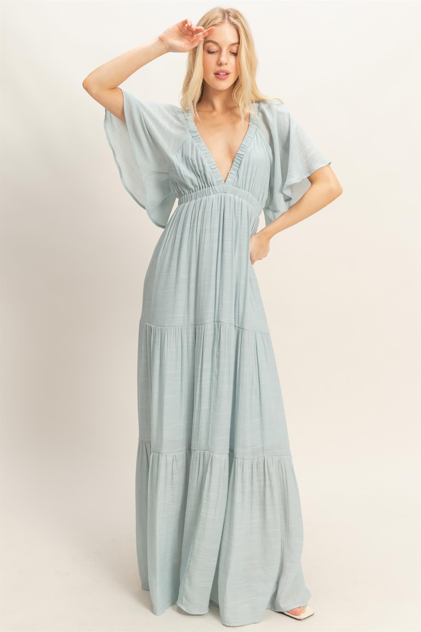 Light Blue Flutter Sleeve Maxi Dress