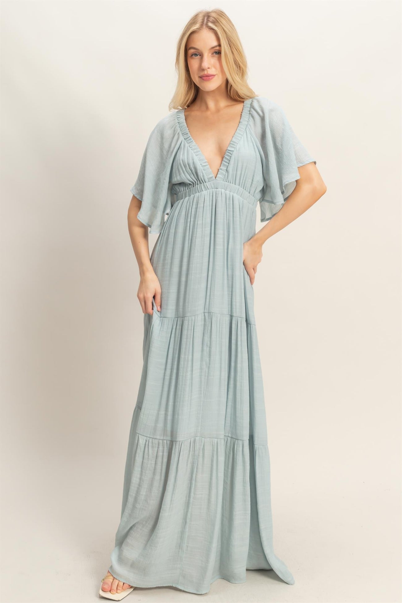 Light Blue Flutter Sleeve Maxi Dress
