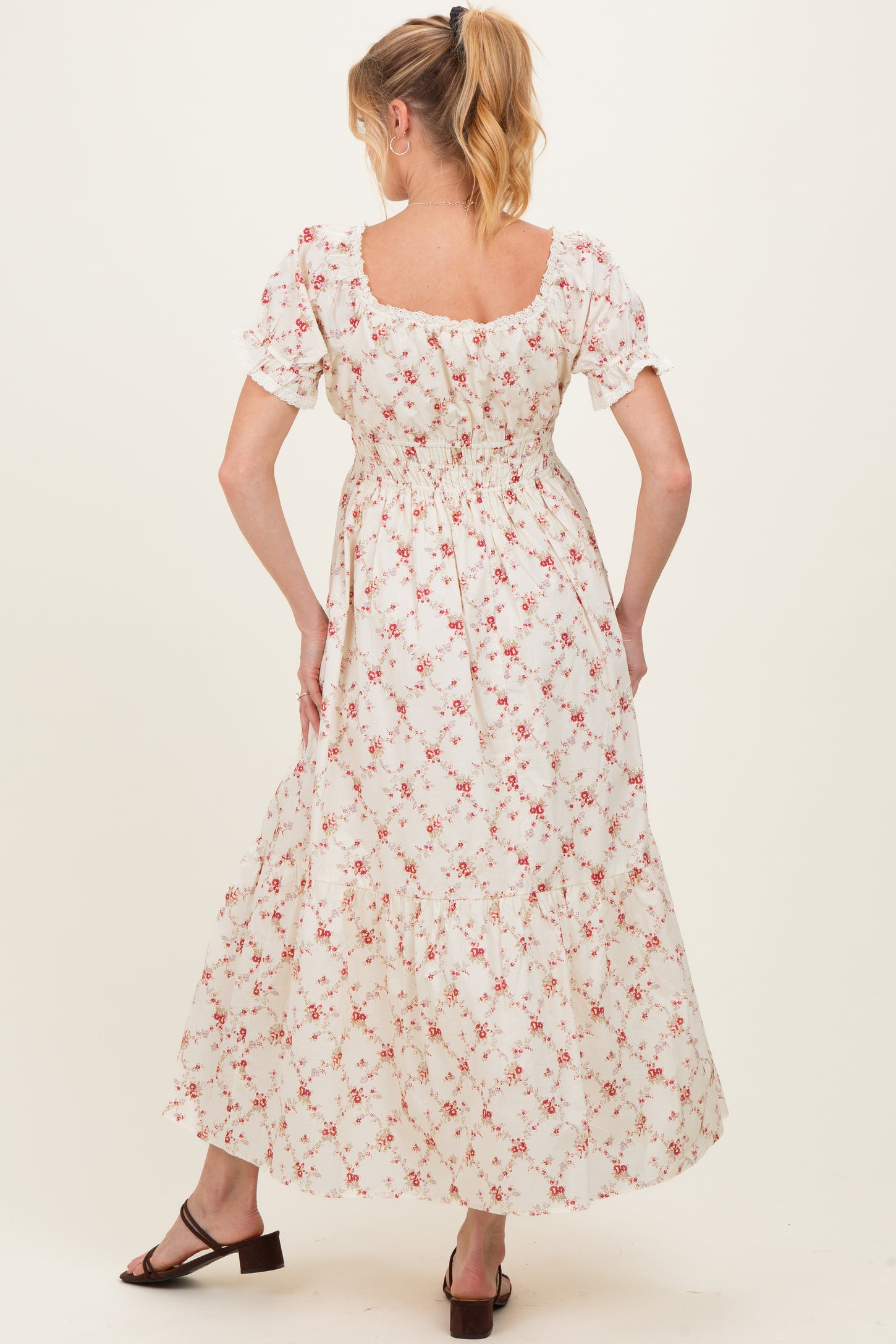 Red Floral Smocked Maternity Maxi Dress