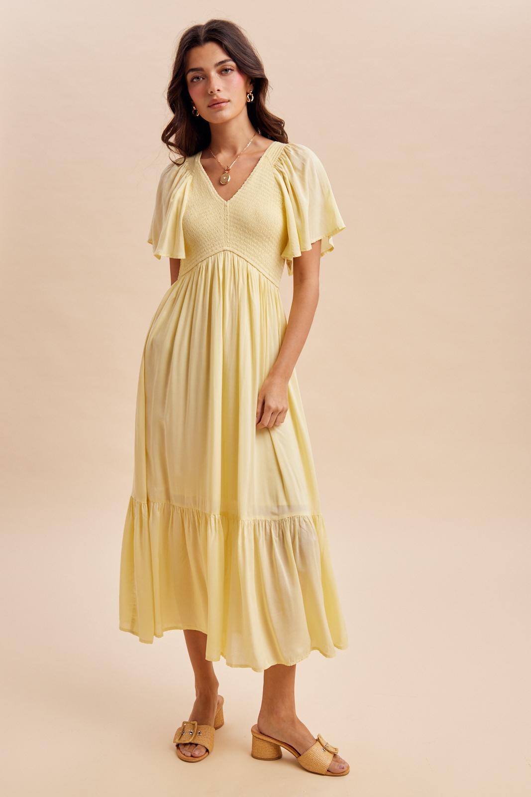 Yellow Smocked Maternity Midi Dress