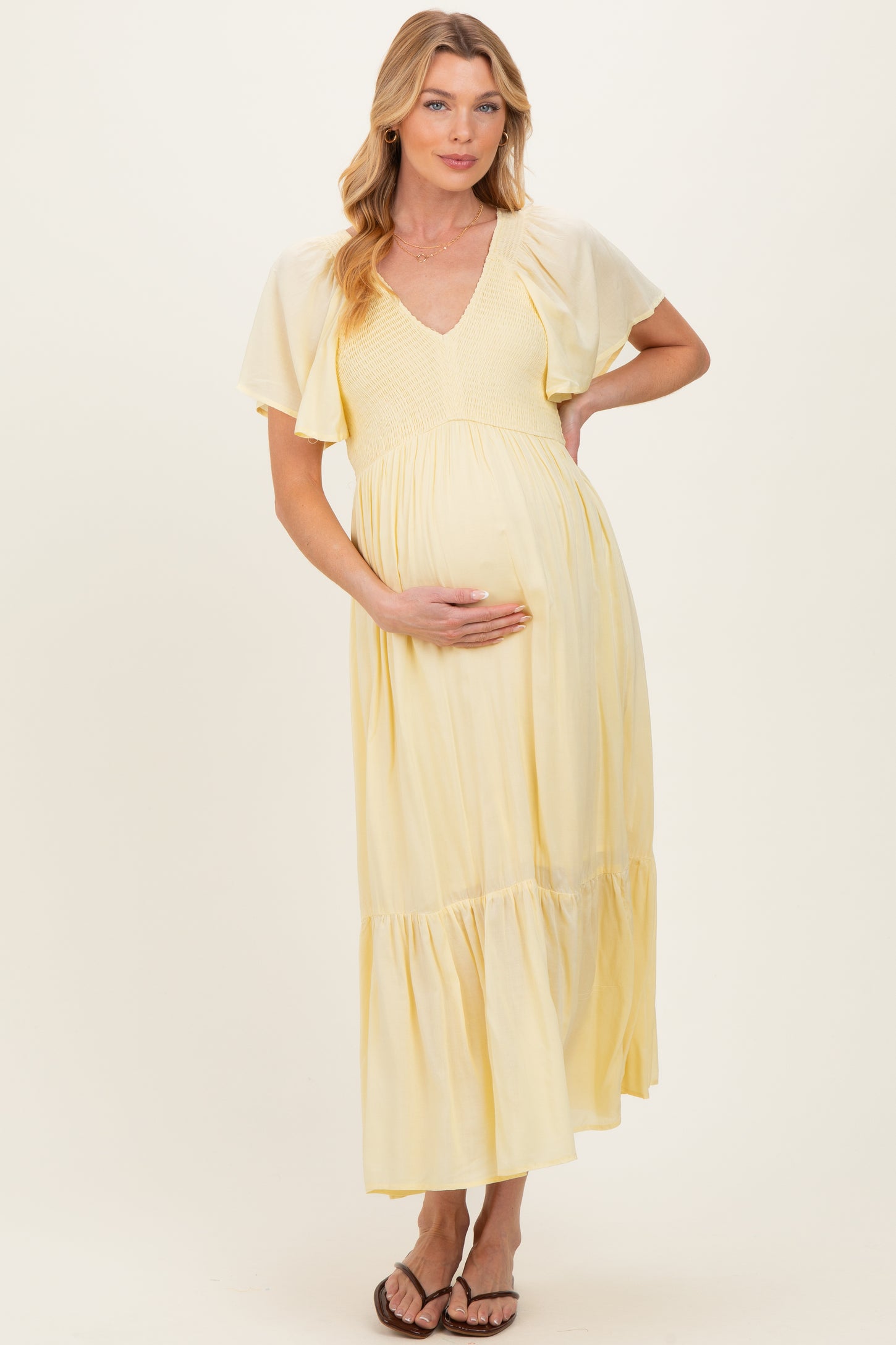 Yellow Smocked Maternity Midi Dress