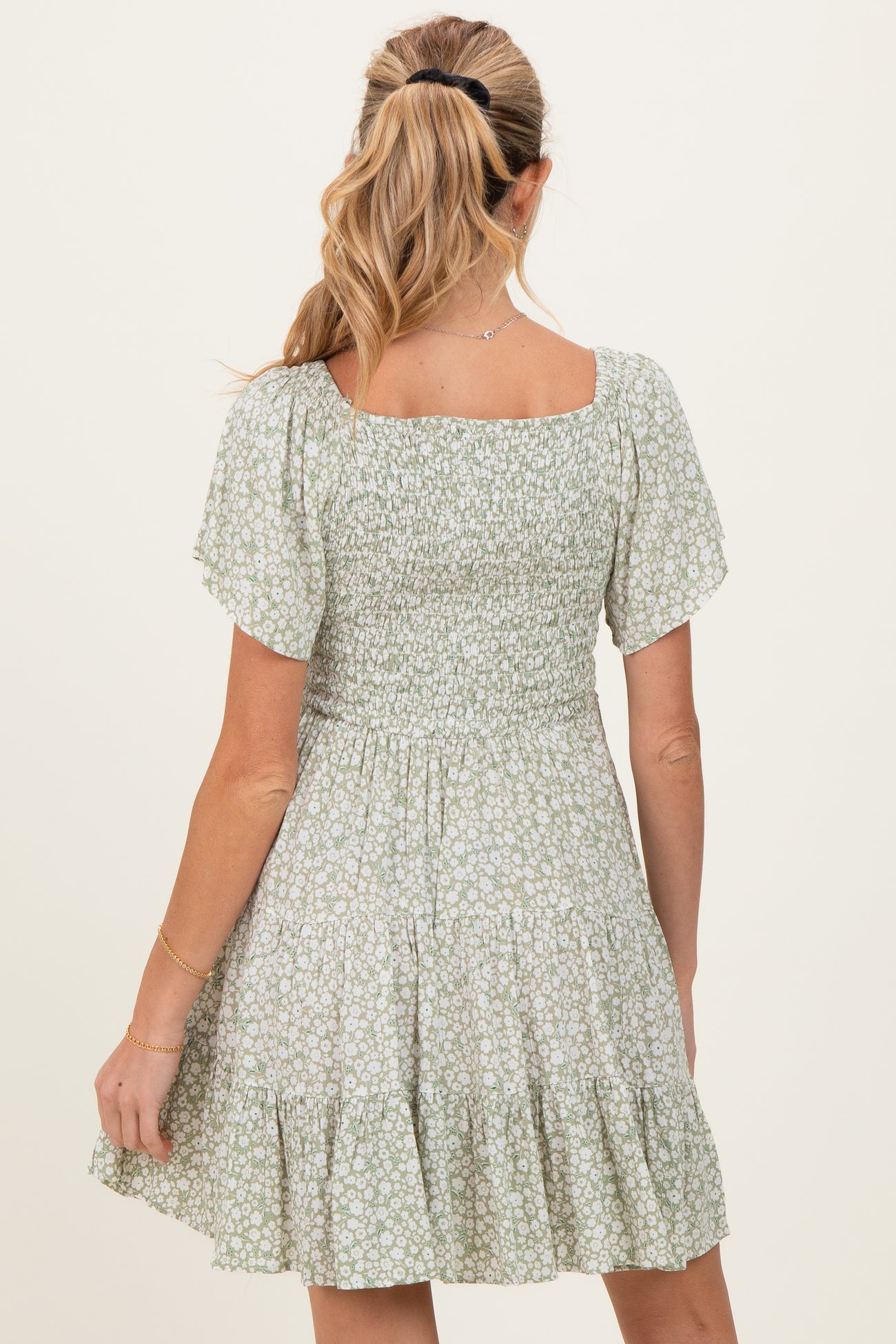 Sage V Neck Smocked Bodice Ditsy Print Maternity Dress