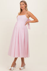 Light Pink Linen Sleeveless Tie Back Flared Maternity Midi Dress