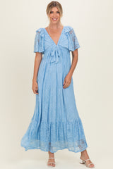 Light Blue Lace Flutter Sleeve Tiered Maternity Maxi Dress