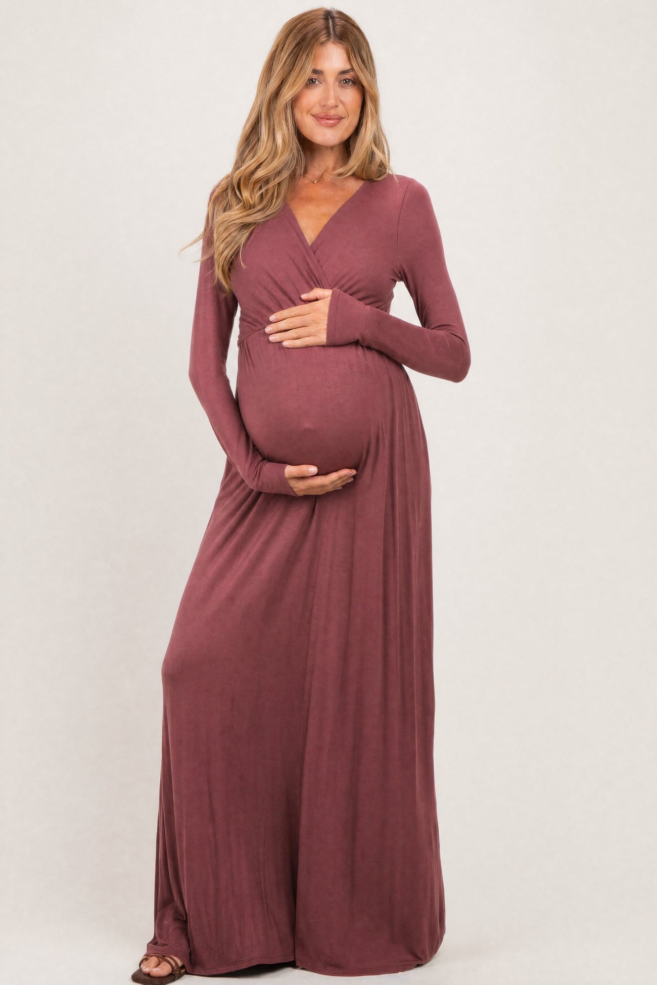 Burgundy Long Sleeve Maternity Nursing Maxi Dress