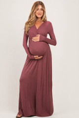 Burgundy Long Sleeve Maternity Nursing Maxi Dress