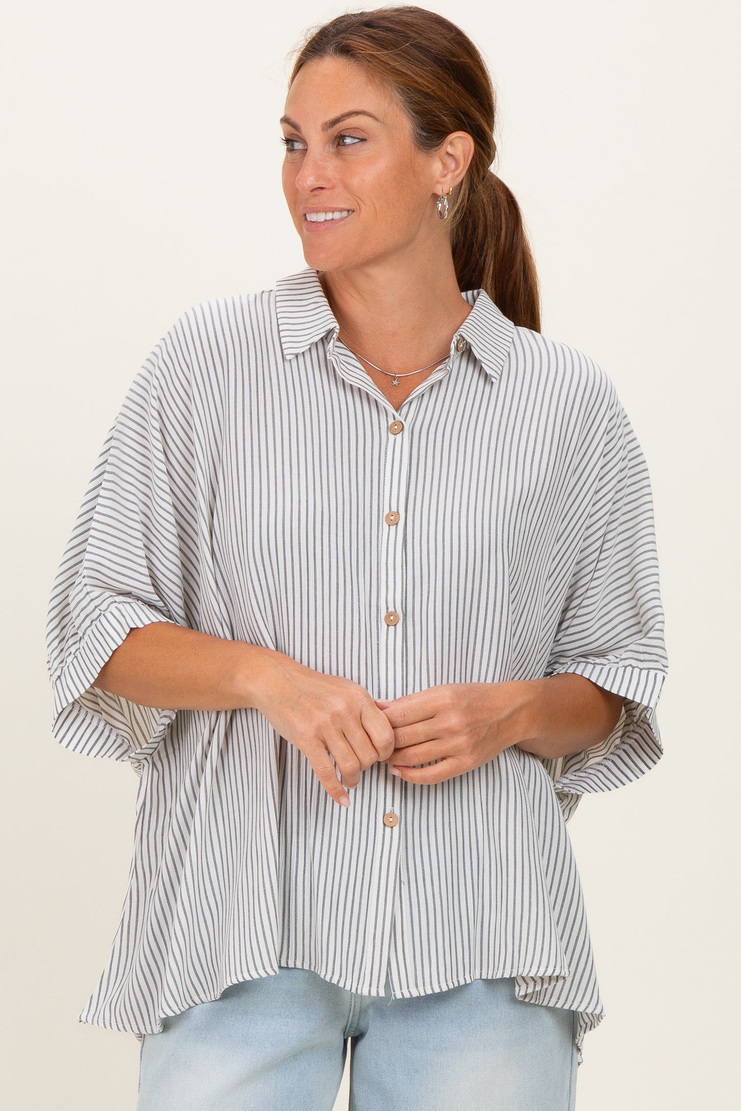 Black Striped Boxy Button Down Maternity Top