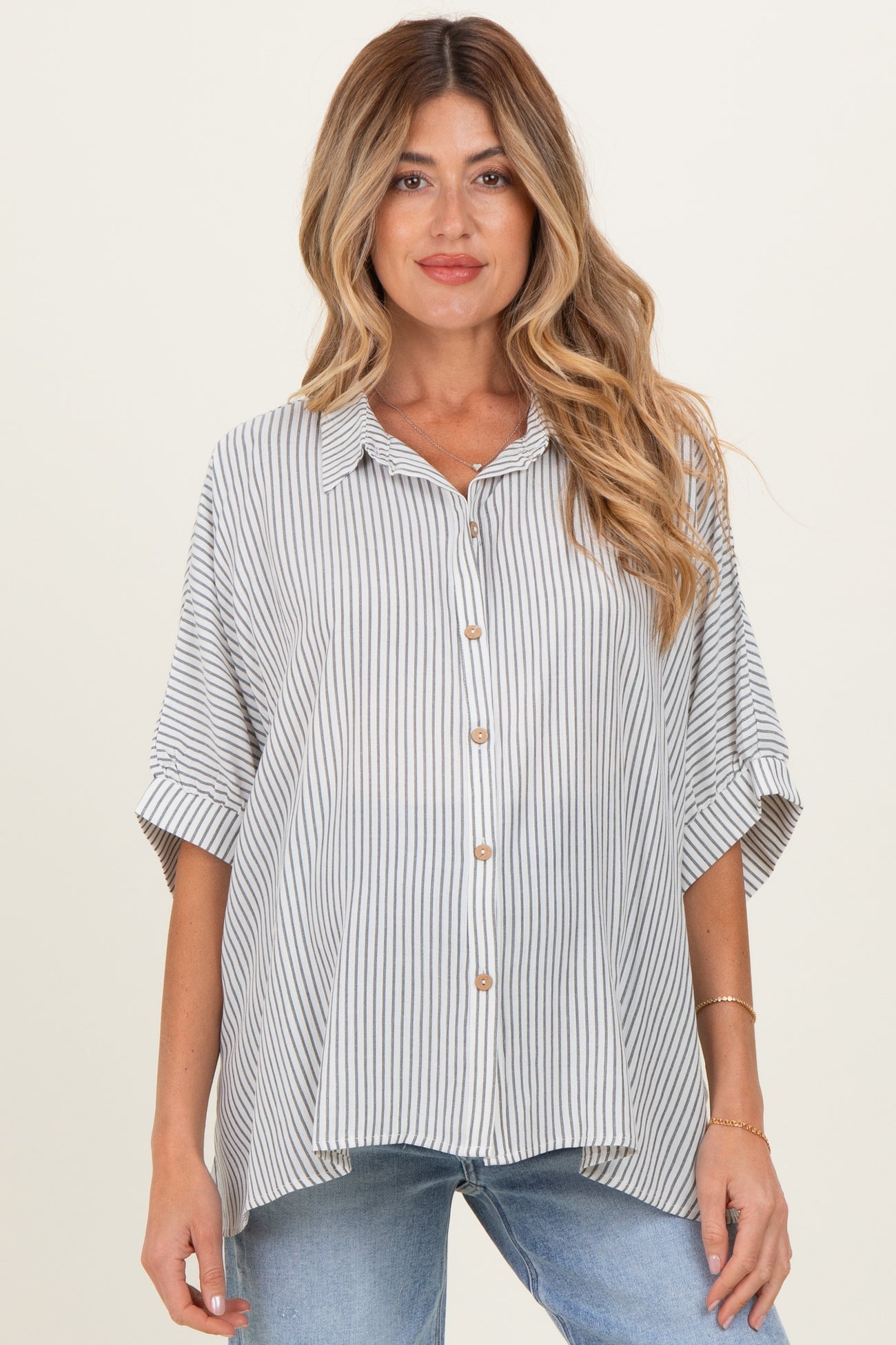 Black Striped Boxy Button Down Maternity Top