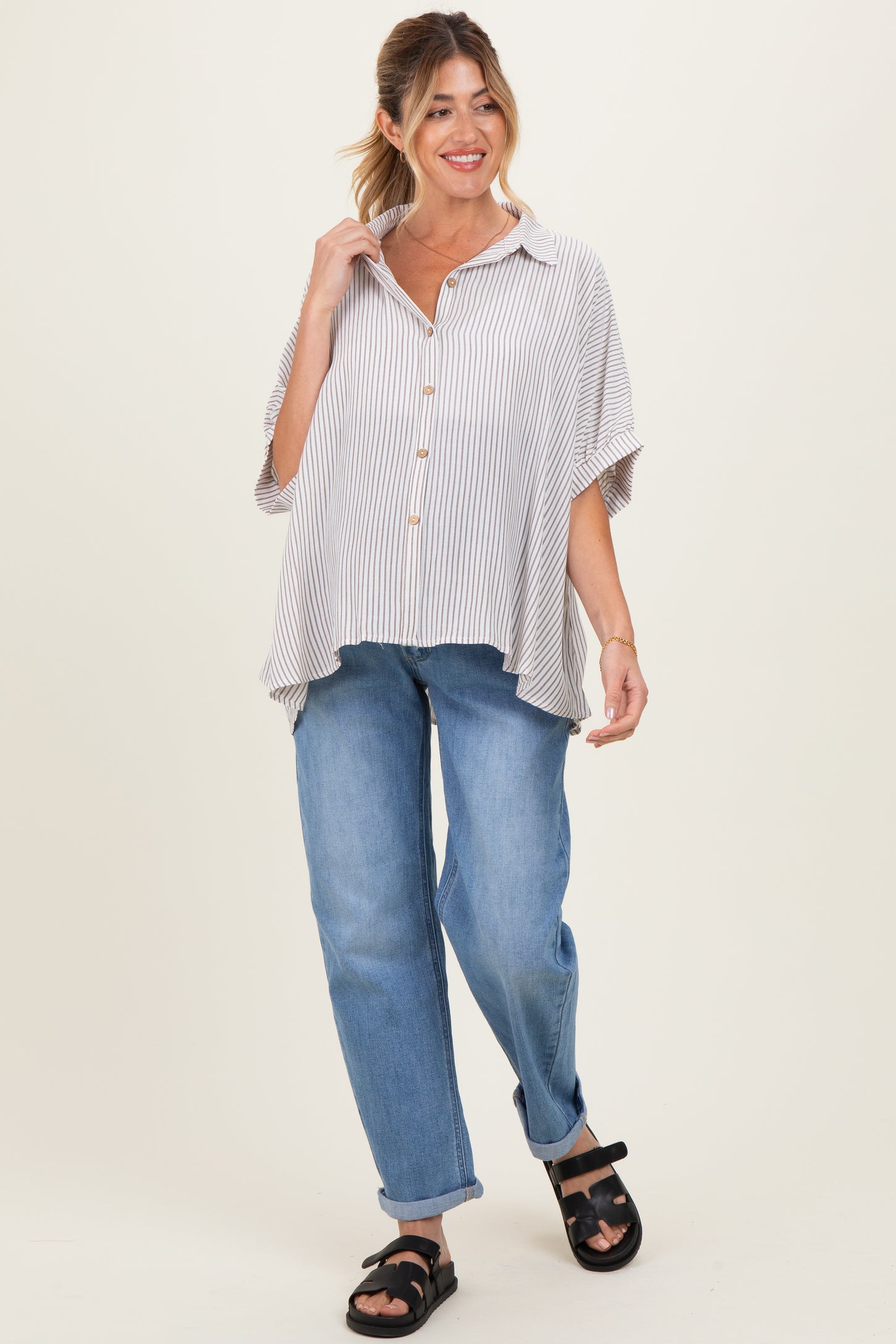 Brown Striped Boxy Button Down Maternity Top