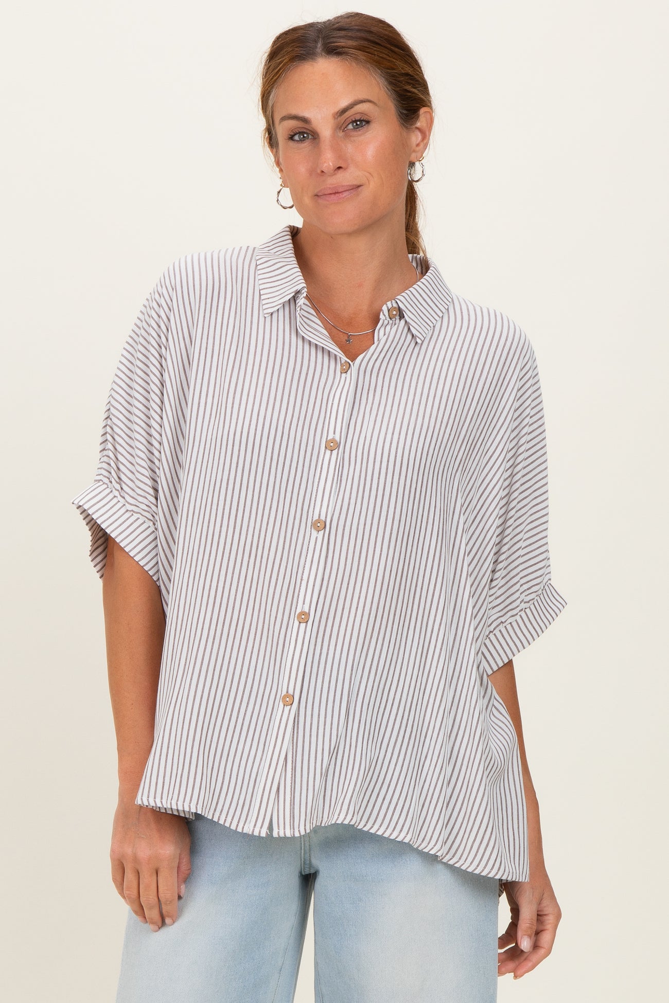 Brown Striped Boxy Button Down Maternity Top