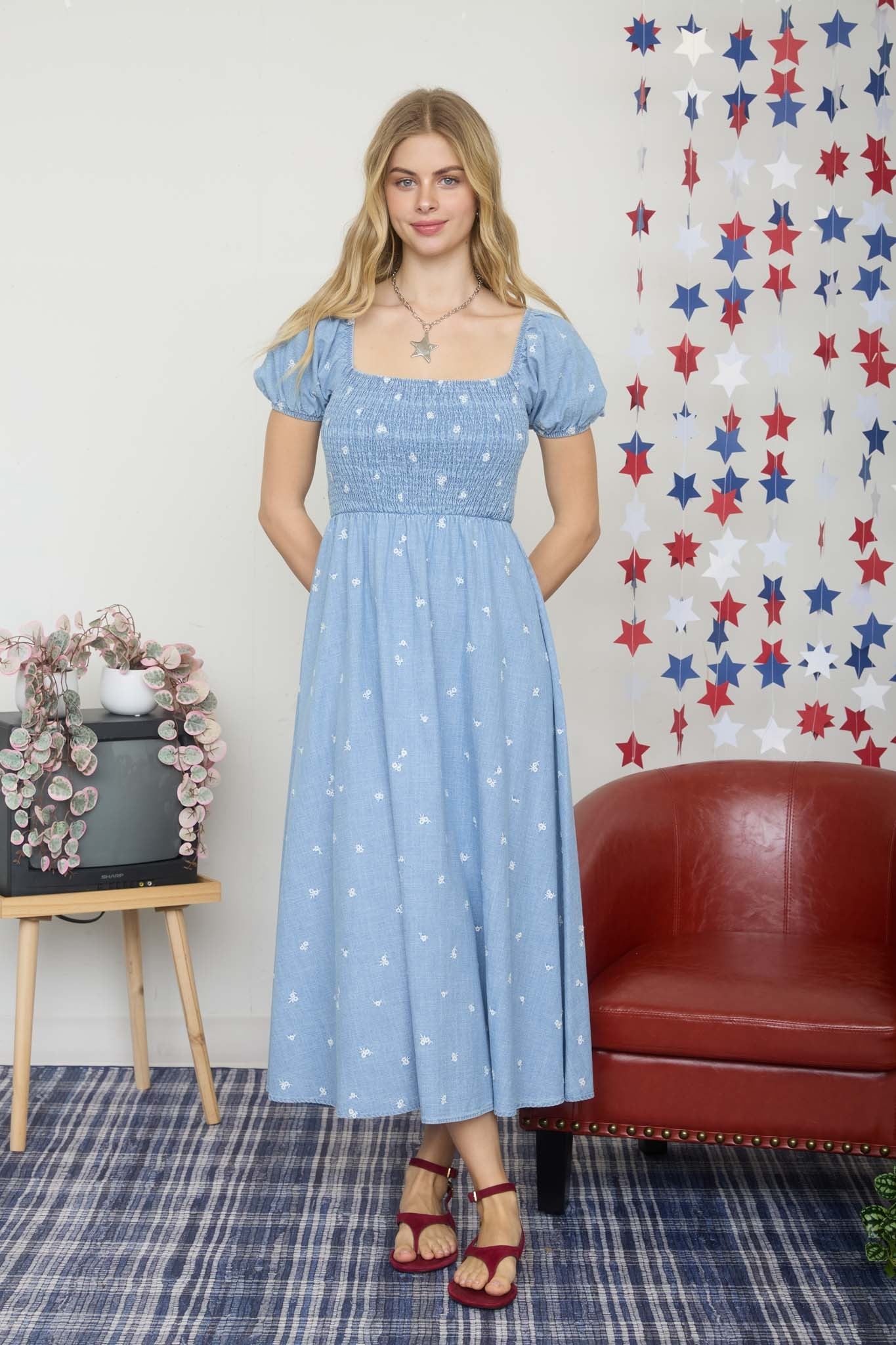 Chambray Embroidered Smocked Maternity Midi Dress