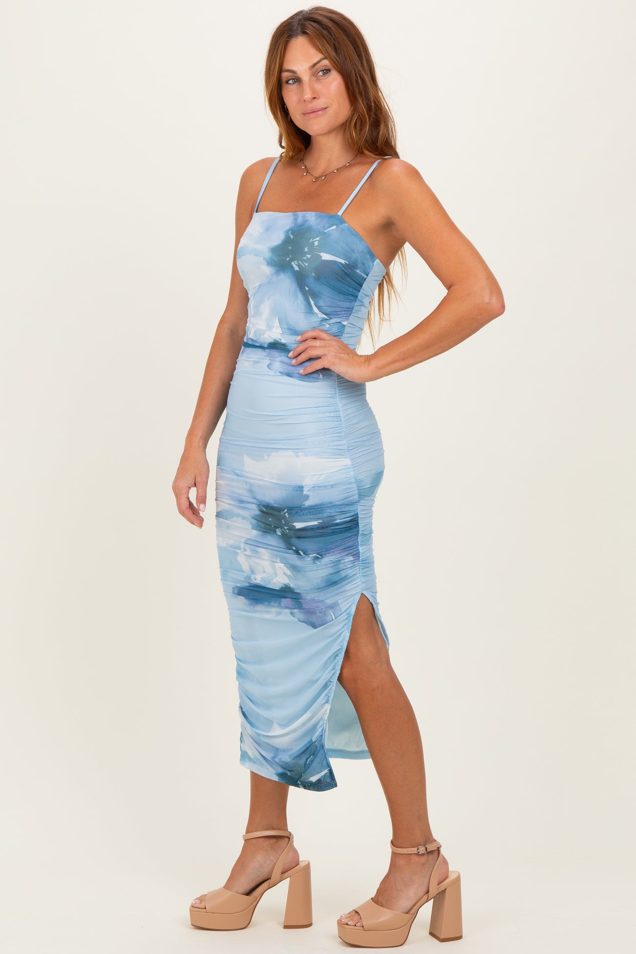 Blue Printed Ruched Fitted Midi Dress