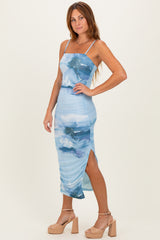 Blue Printed Ruched Fitted Midi Dress
