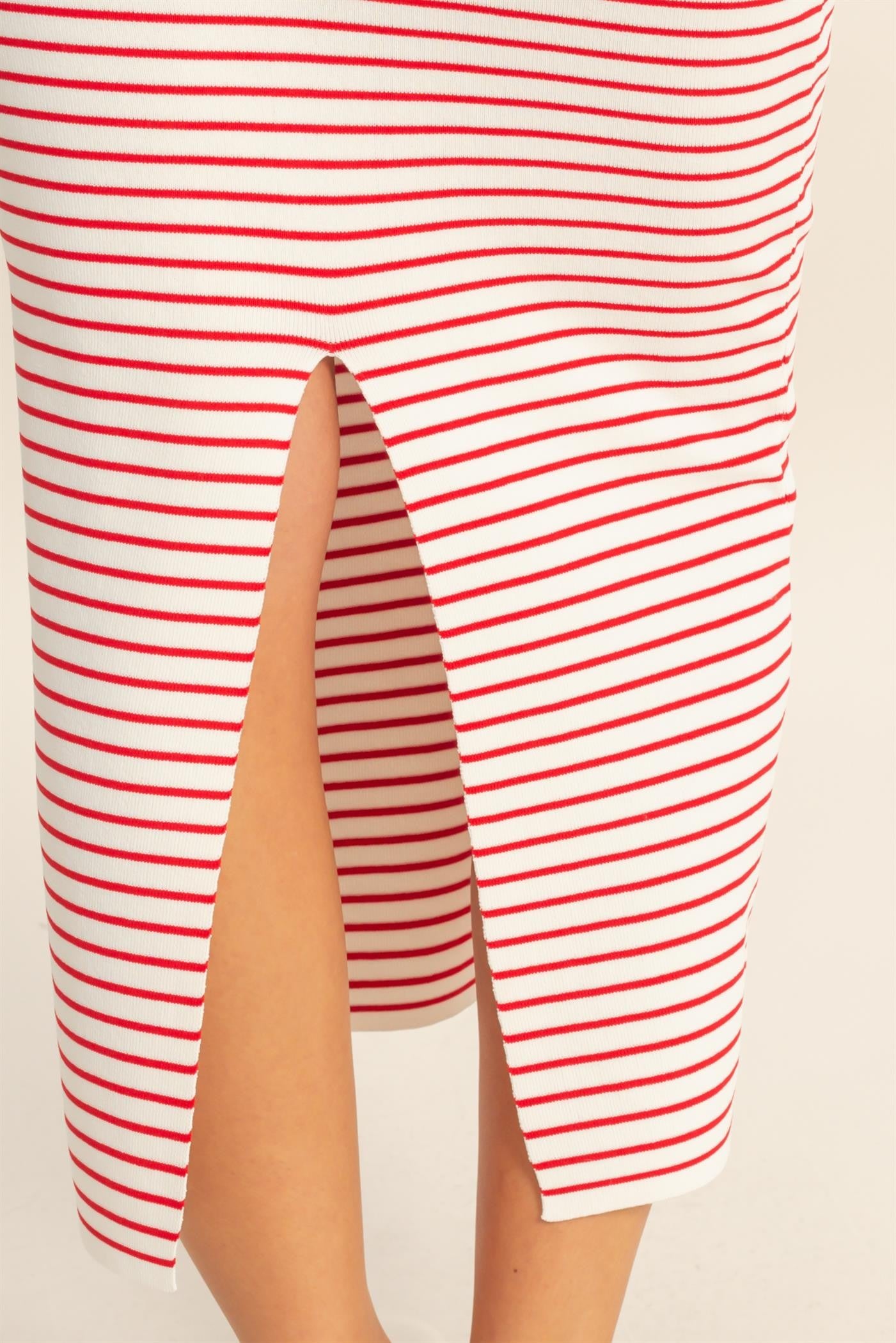 white and red striped midi skirt with a side slit detail