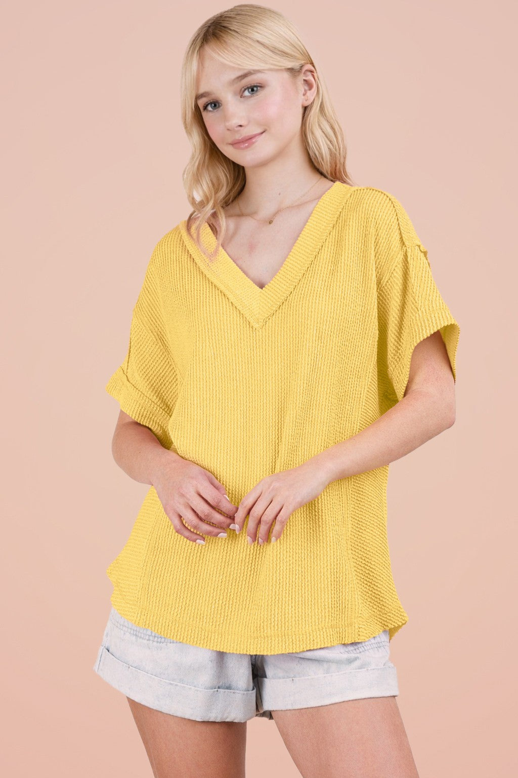 Yellow Ribbed Raw Hem Maternity Short Sleeve Top