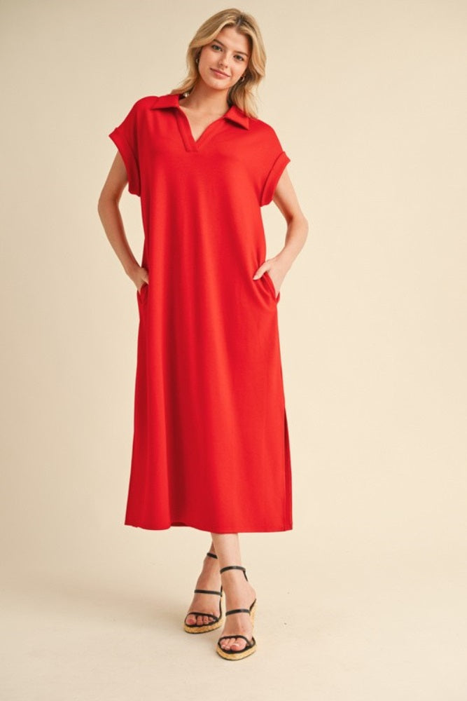 Tomato Red Collared Oversized Maternity Midi Dress