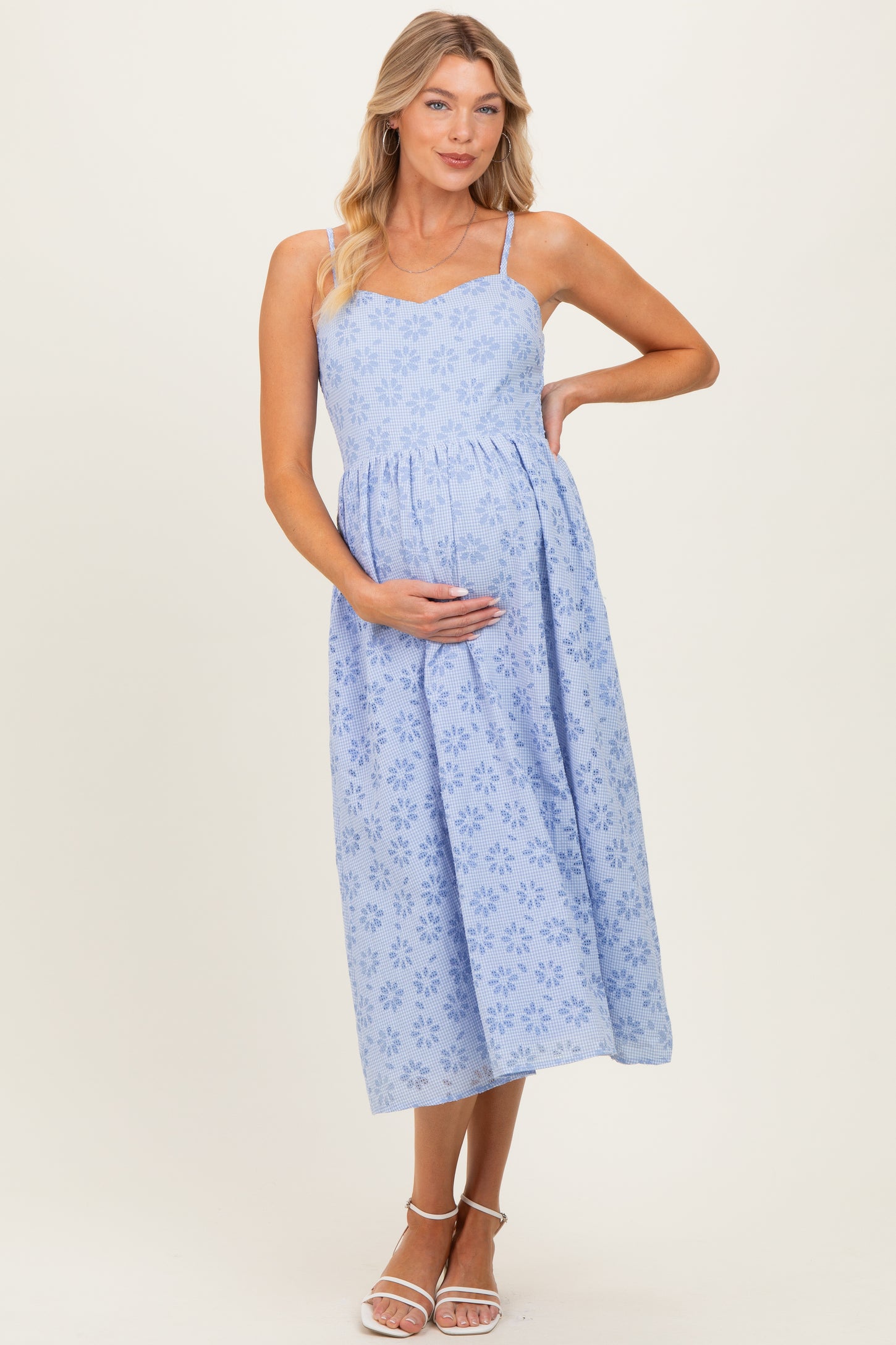 Powder Blue Floral Gingham Maternity Midi Dress