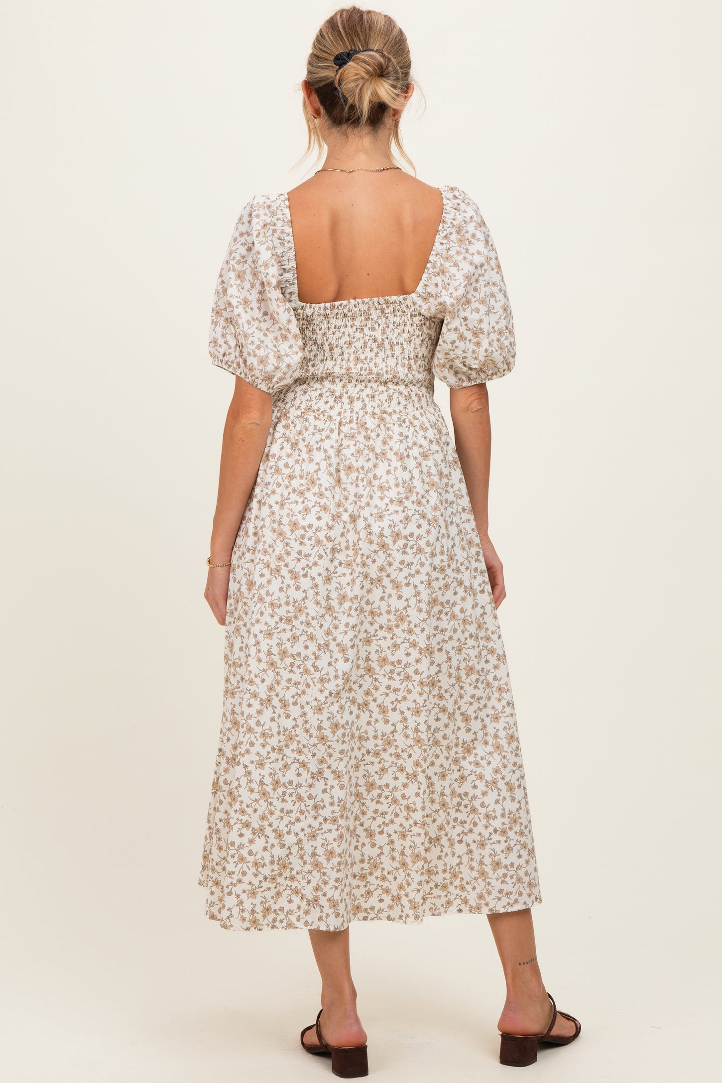 Cream Floral Puff Sleeve Maternity Midi Dress