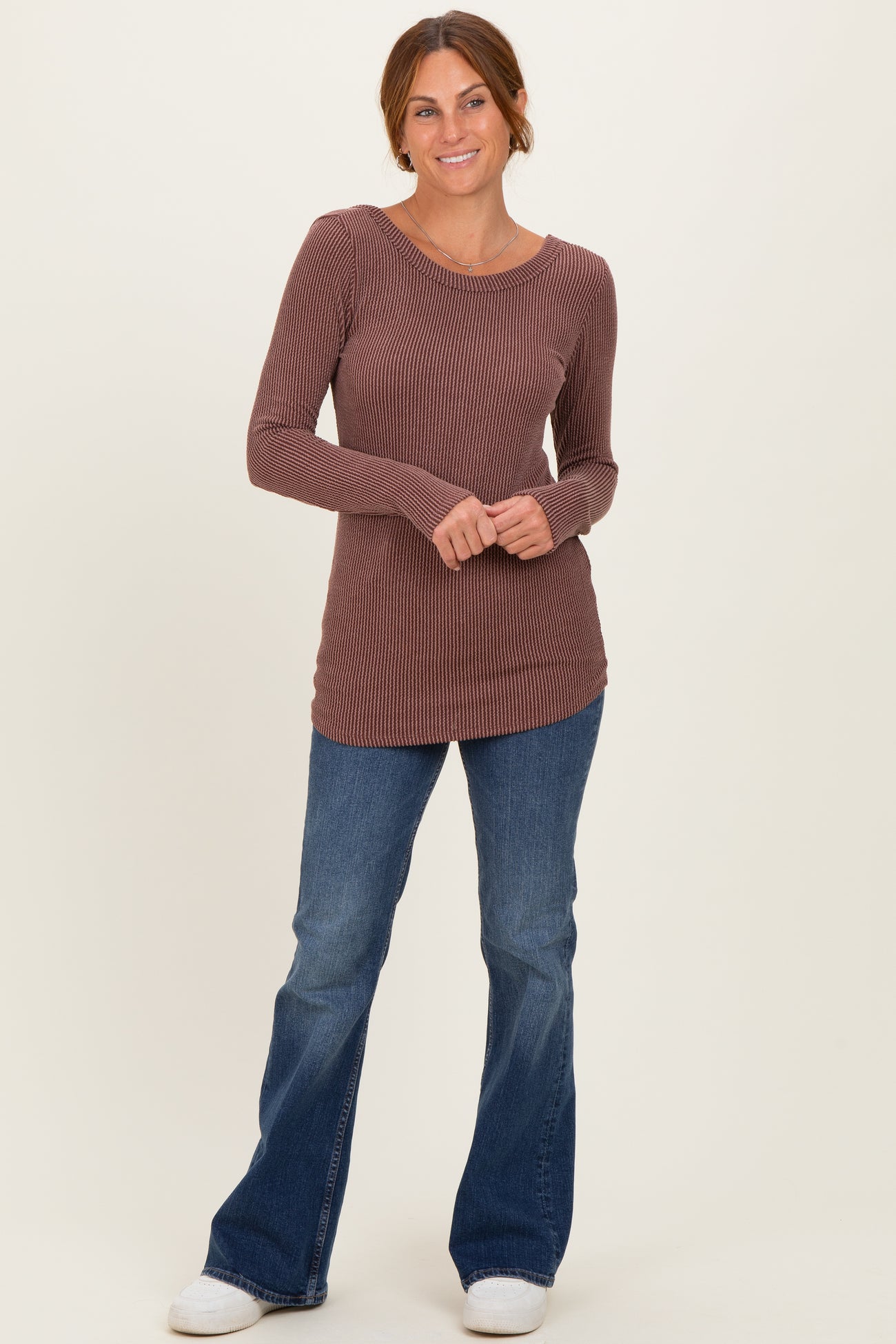 Brown Ribbed Scoop Neck Long Sleeve Top
