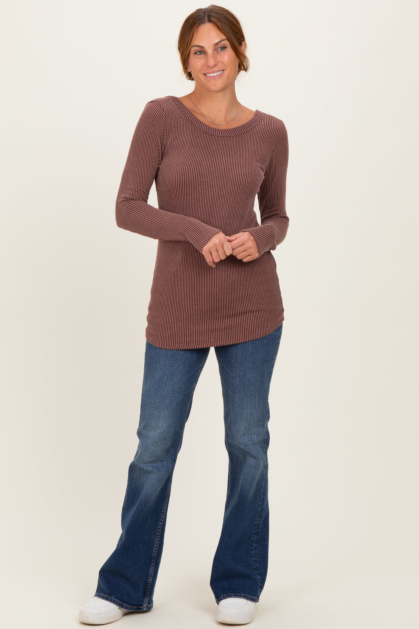 Brown Ribbed Scoop Neck Long Sleeve Top