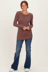 Brown Ribbed Scoop Neck Long Sleeve Top