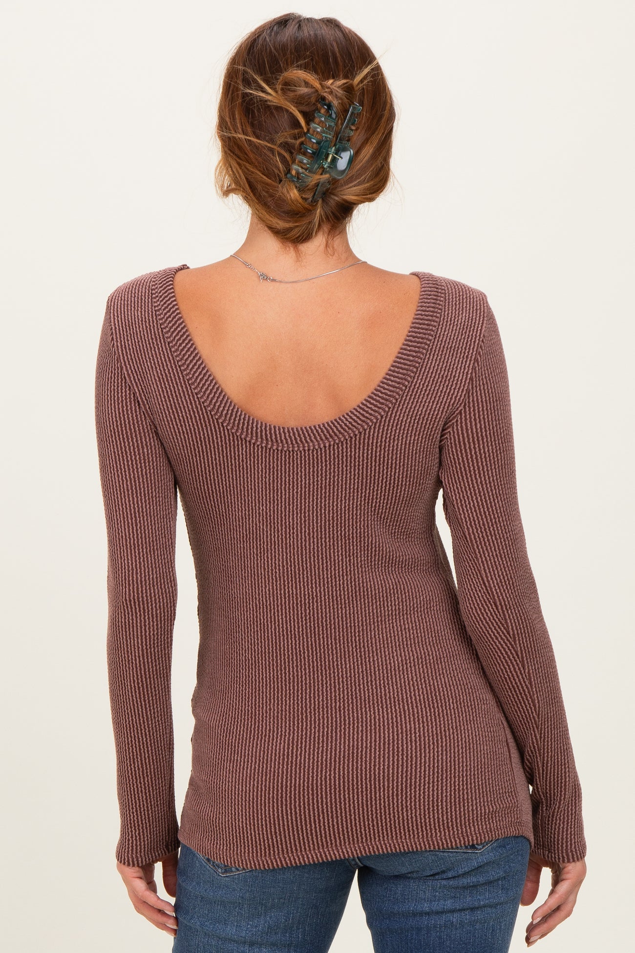 Brown Ribbed Scoop Neck Long Sleeve Top