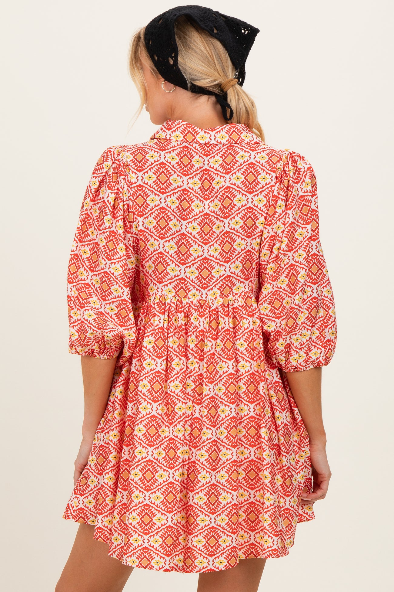 Red Print Collared Balloon Sleeve Maternity Dress