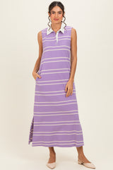 Lavender Striped Sleeveless Collared Maternity Midi Dress