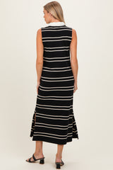 woman wearing a black and white striped sleeveless maternity dress with side slits