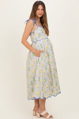 Blue Floral Scallop Accent Shoulder Tie Maternity Midi Dress