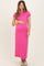 woman wearing a bright pink short sleeve maternity maxi dress and holding her baby bump