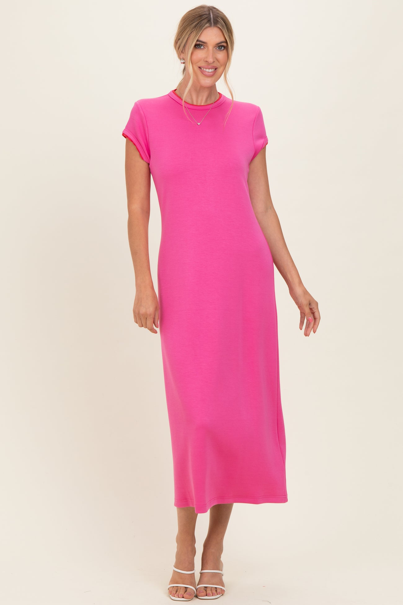 Fuchsia Contrast Trim Short Sleeve Maternity Midi Dress