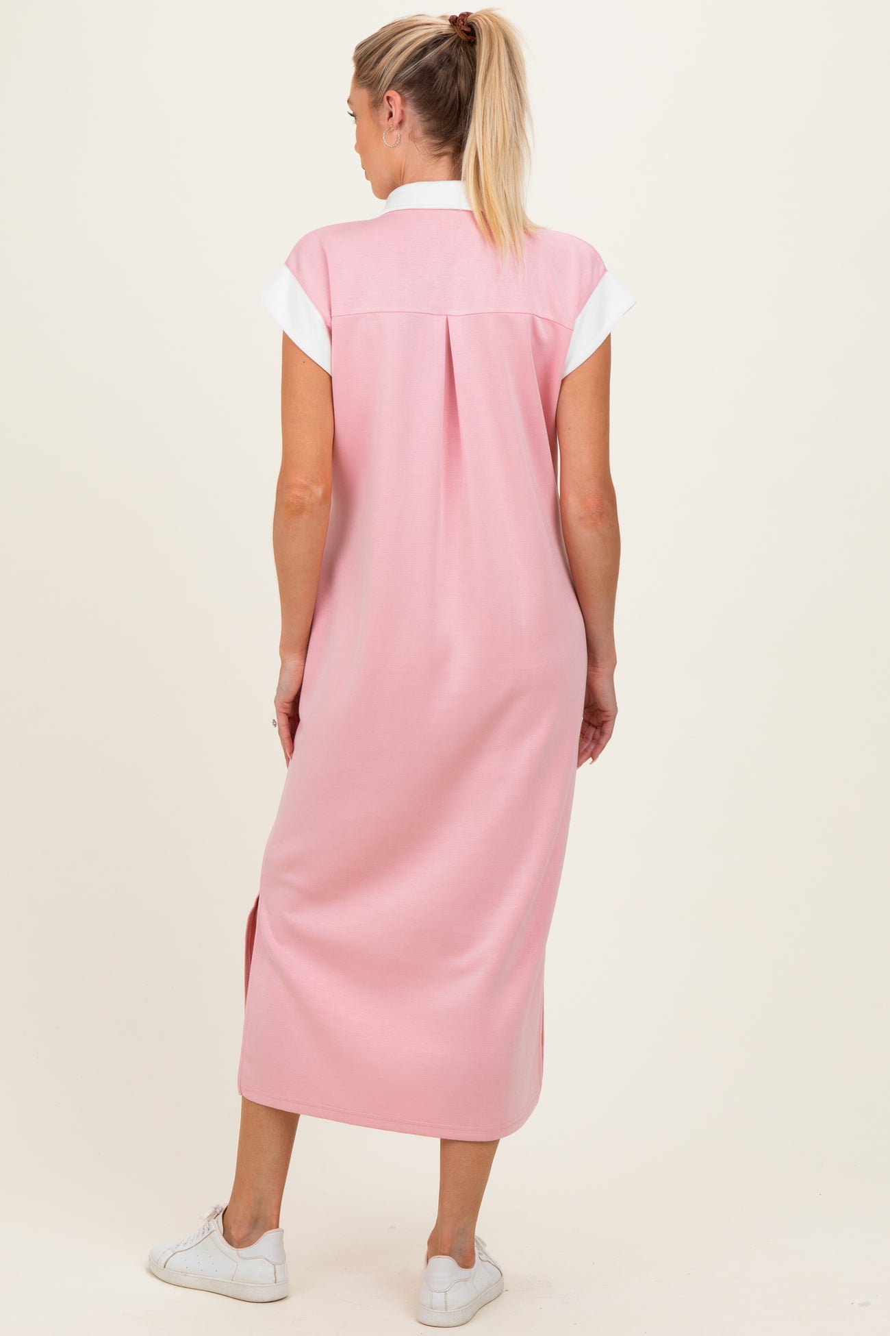 Pink Colorblock Polo Maternity Midi Dress