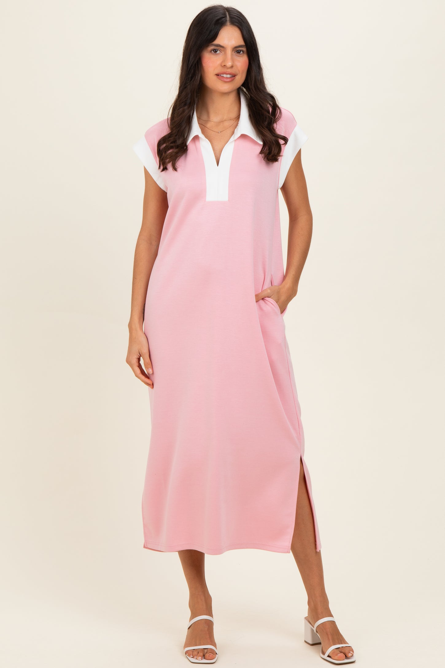 Pink Colorblock Polo Midi Dress