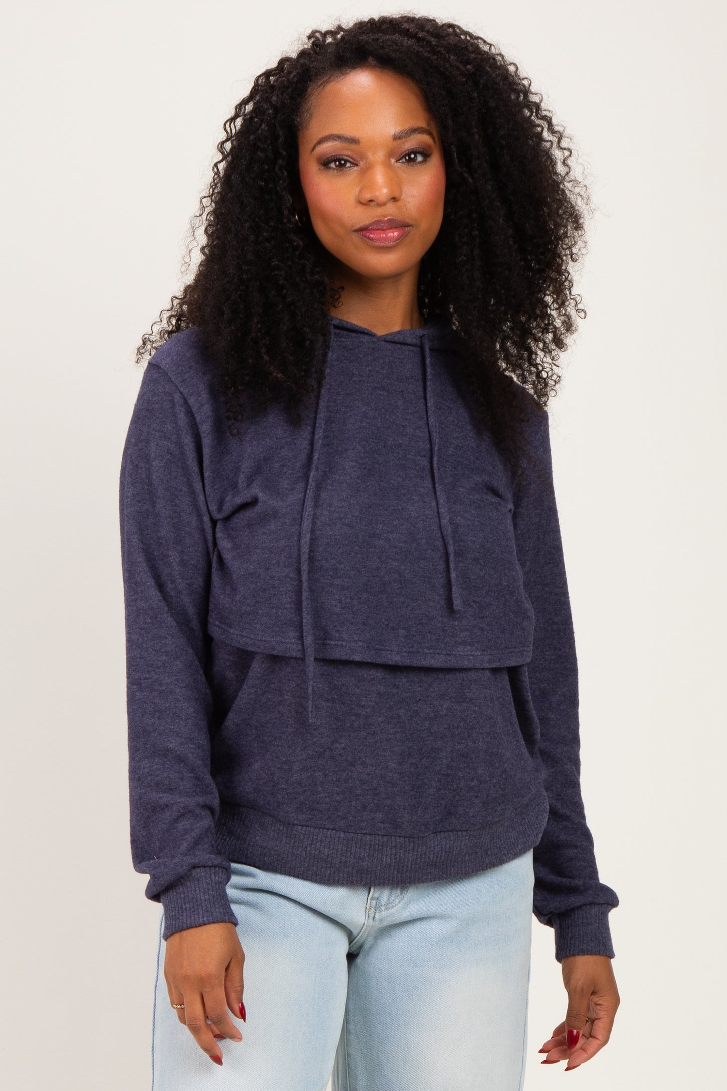 Navy Double Layer Long Sleeve Maternity Nursing Hoodie