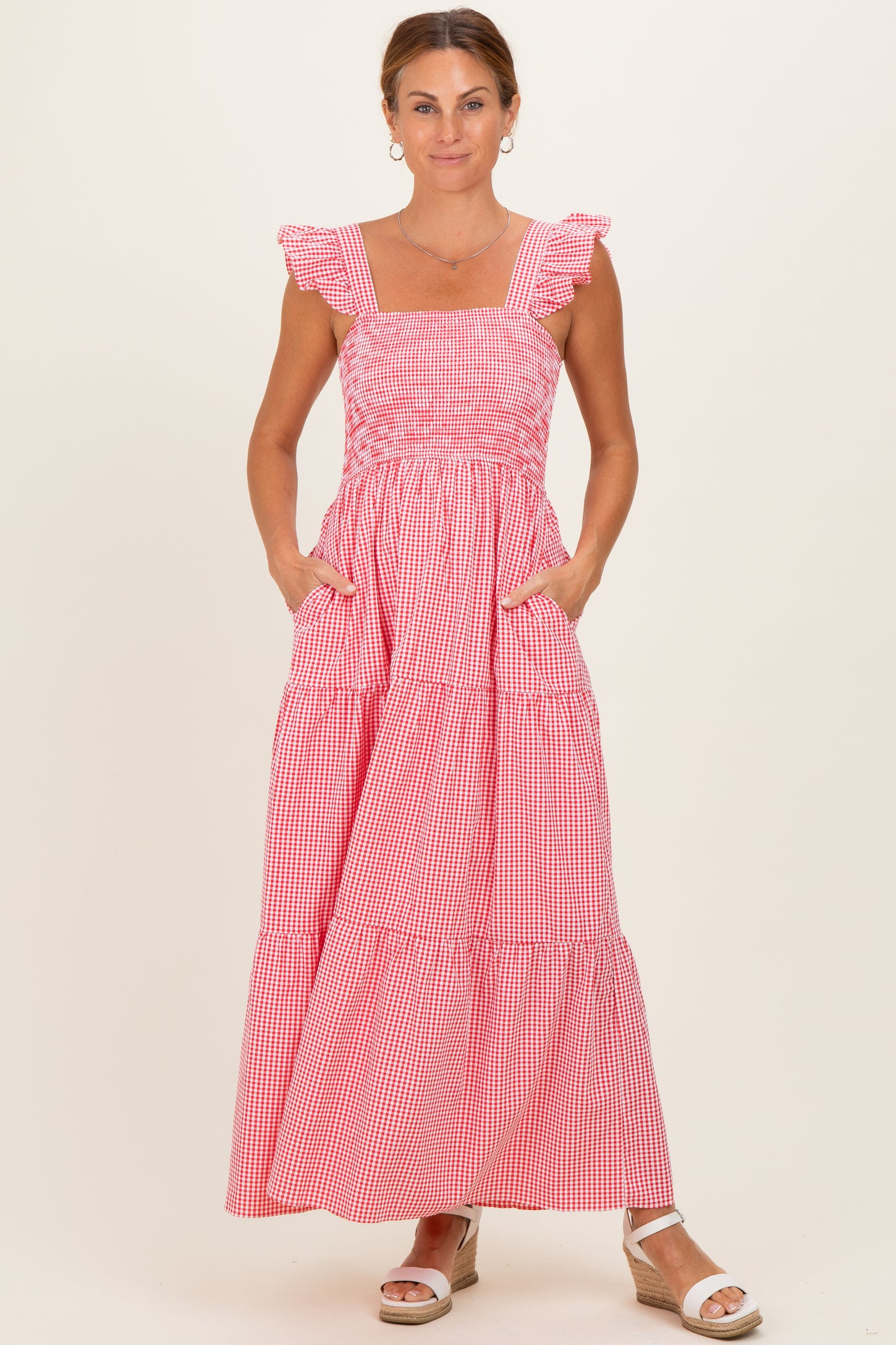 Red Gingham Ruffle Strap Smocked Maternity Maxi Dress