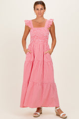 Red Gingham Ruffle Strap Smocked Maternity Maxi Dress